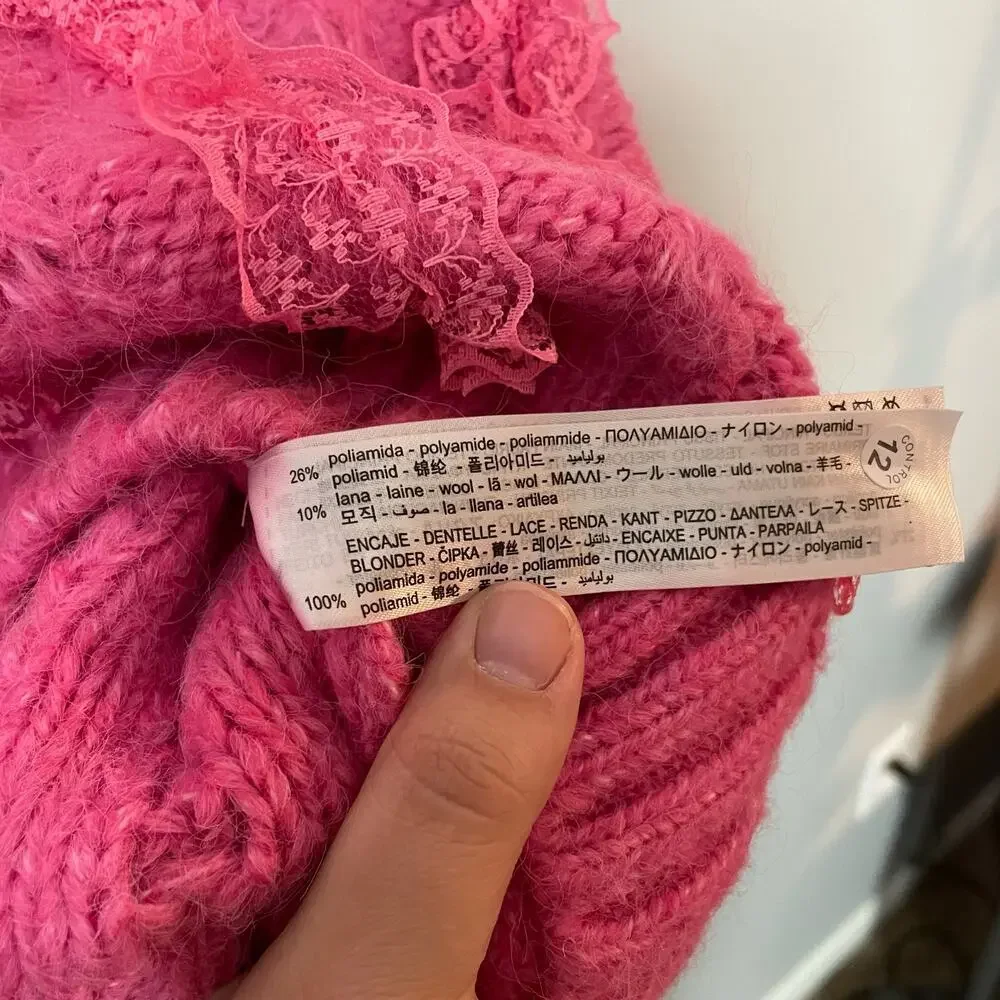 Zara Pink Ruffled & Lace Chunky Knit Sweater SZ Medium Girly Coquette Preppy - Picture 10 of 15